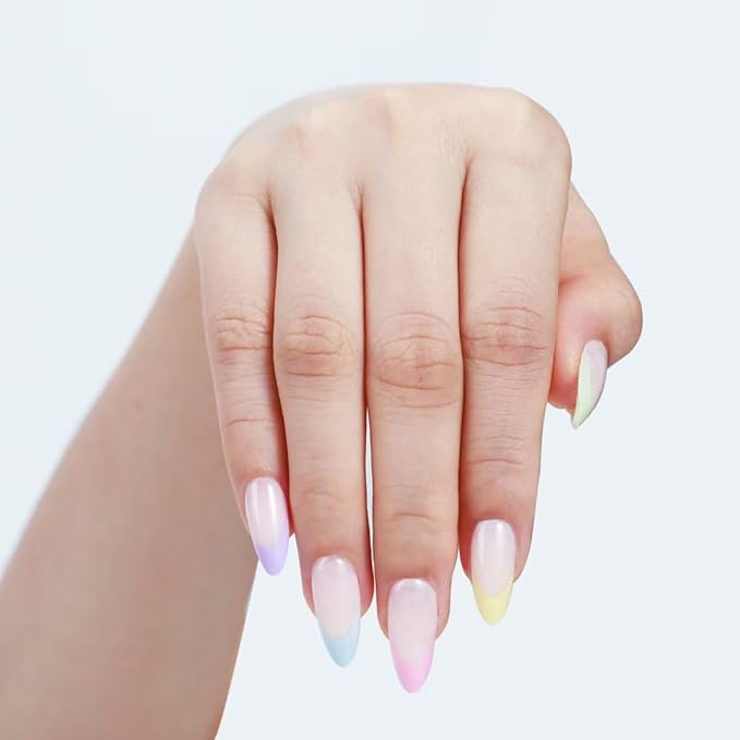 Rnker French Tip U Shape Press On Nails - Five colors Almond Top gel Nails with Bright Finish, 15 Sizes - 30 Nail Kit with Glue