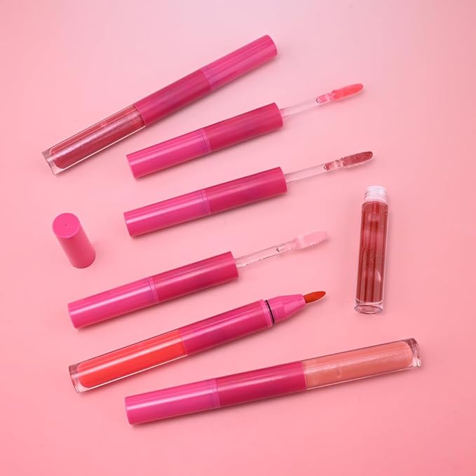 evpct Caramel Red Matte Liquid Lipstick Marker Pen Lip Liner Set with Lip Oil, 2 in 1 Lipgloss Lipstick Long Lasting Waterproof for Women, Longwear Lips Stain 24hr Original Smudge Proof labial