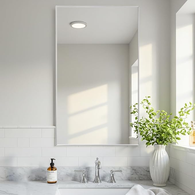 24x40 Inch Silver Bathroom Mirror - Copper-Free Mirror, Aluminum Alloy Frame Vanity Rectangle Wall Mounted Modern Mirror for Bedroom/Living Room/Porch Horizontal or Vertical