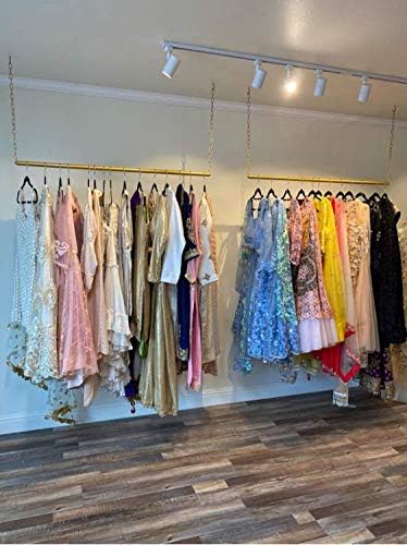 2 Pcs Adjustable Height Creative Chain Clothing Hanging Racks,Clothes Storage Shelves, Heavy Duty Metal Garment Rack,Retail Display Ceiling Hanger (Gold, 47.2 L)