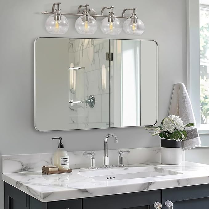 ANDY STAR Wall Mirror Brushed Nickel for Bathroom, 24x36x1 Rounded Rectangle Mirror with Stainless Steel Silver Metal Frame, Modern Bathroom Vanity Mirror