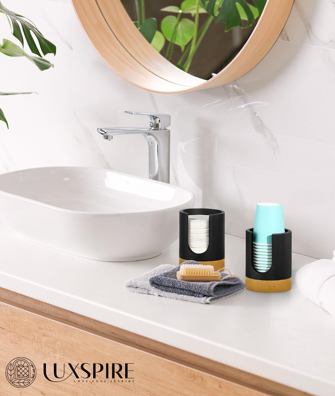 Luxspire Dixie Cup Dispenser, 3+7oz Bathroom Cup Dispenser, Marble Resin Dixie Cup Holder, Disposable Bathroom Paper Cup Holder, Cotton Pad Holder, Guest Bathroom Essentials, Matte Black, 2 Pack