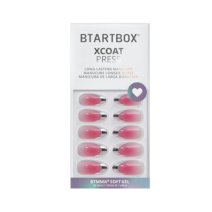 BTArtbox French Tip Press On Nails - Lamp-Curable Blush Pink Almond Press On Nails with Glue for Women, Silver Outline Soft Gel Glue On Nails in 15 Sizes - 30 Stick On Nails Kit, Lolita Razor