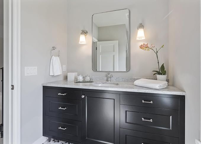 ANDY STAR Square Brushed Nickel Mirror for Bathroom, 24”x24” Silver Metal Frame Wall Mirror, Rounded Corner Stainless Steel Hangs Horizontal Or Vertical