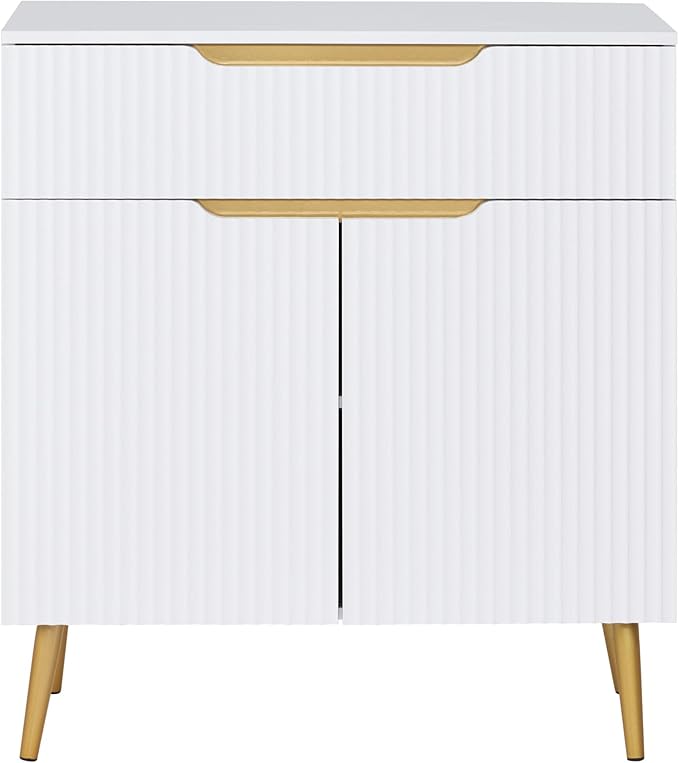 BarberPub Barber Station with Drawer & Cabinet, Beauty Salon White Storage Organizer with Concave Fluted Wall, Modern SPA Freestanding Equipment 3196 (White)