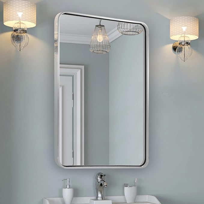 ANDY STAR 24x32 INCH Chrome Mirrors for Bathroom, Polished Nickel Bathroom Mirror, Rounded Rectangle Mirror, Anti-Rust SUS304, Tube Metal Frame, 1’’ Deep Wall Mounted Vertically/Horizontal