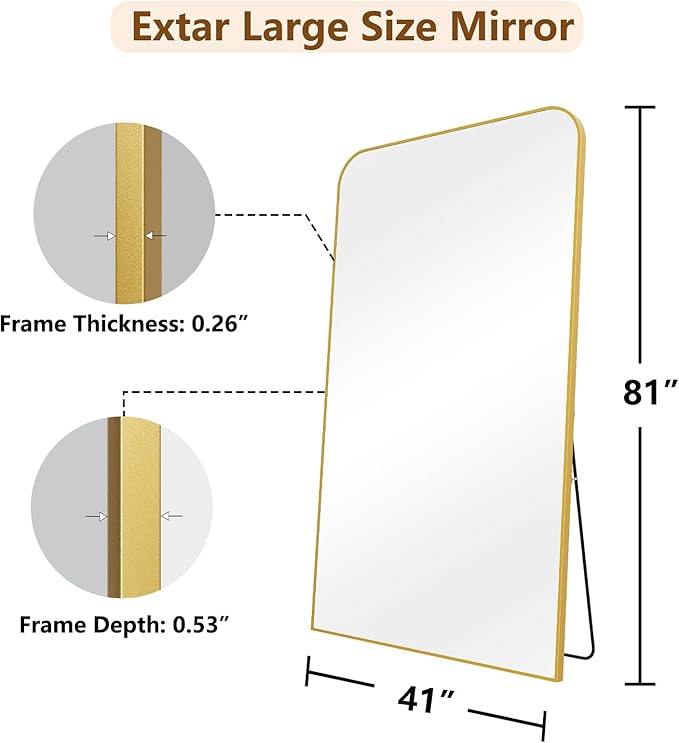 Koonmi Full Length Mirror, 81"x41" Mirror Full Length with Stand, Gold Domed Top Square-Edged Floor Mirror with Aluminum Alloy Frame for Bedroom Living Room