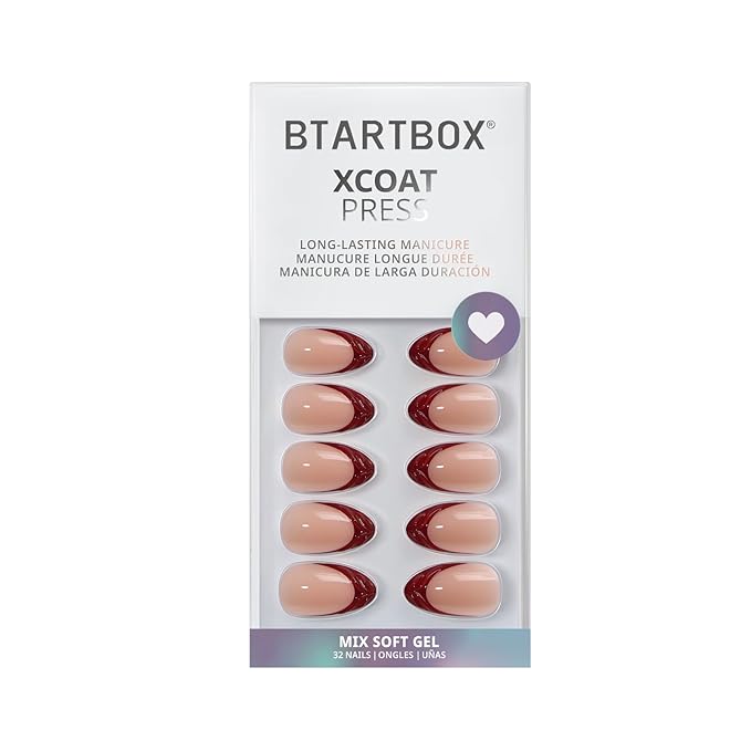 BTArtbox Press On Nails Short - Lucky Stripe, Lamp-Curable 3D French Tip Almond Press On Nails with Glue and Adhesive Tabs for Women in 16 Sizes - 32 Soft Gel Glue On Nails Kit