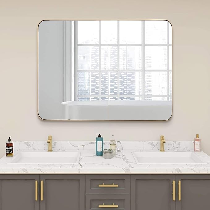 ANDY STAR 36”x48”Gold Bathroom Mirror for Wall, Brushed Brass Metal Rounded Corner Rectangle Mirror, Wall Mirror in Stainless Steel Metal Frame, 1”Deep Set Design Hangs Horizontal Or Vertical