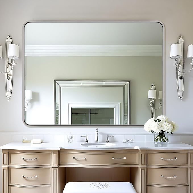 ANDY STAR 48x36 Inch Brushed Nickel Bathroom Mirror, Rounded Rectangle Bathroom Vanity Mirrors for Wall, Anti-Rust SUS304, Seamless Tube Metal Frame, 1’’ Deep Wall Mounted Vertically/Horizontal