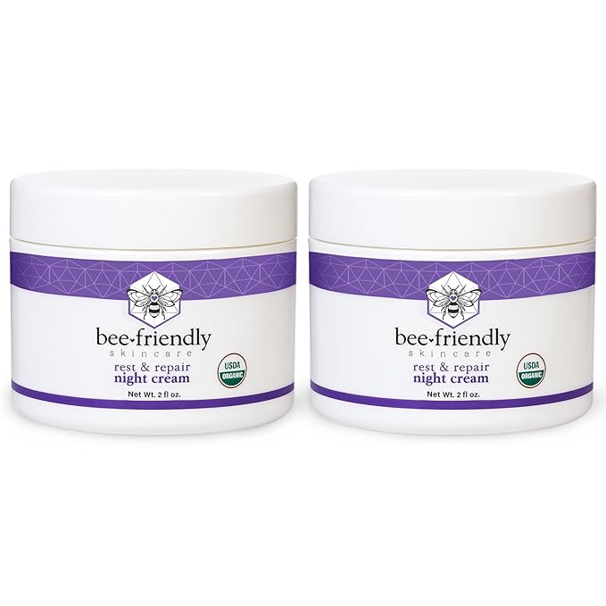 BeeFriendly Organic Night Cream, USDA Certified Organic, Deep Hydrating & Moisturizing Night Time Eye, Face, Neck & Decollete Cream for Women and Men, Skin renewing 4 oz (2 Jars in box)
