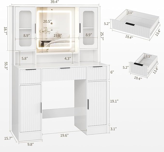 Large Vanity Desk with LED Lighted Mirror, Makeup Vanity Table with 2 Glass Cabinets, 2 Large Cabinets, 3 Drawers & 3 Shelves, Vanity Desk for Bedroom Bathroom, White