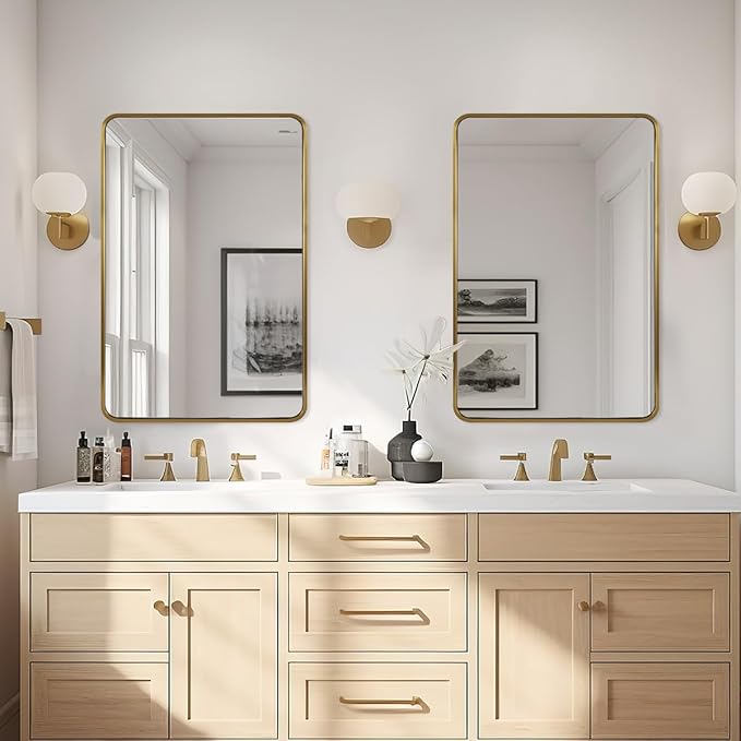ANDY STAR 48x32 Inch Gold Bathroom Mirror, Brushed Gold Mirrors for Wall in Anti-Rust SUS304 Tube Metal Frame, Rounded Rectangle Mirrors 1’’ Deep Wall Mounted Vertically/Horizontal for Bathroom