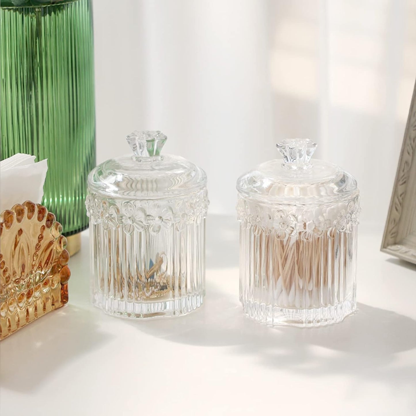 2 Pack Qtip Holder Glass Apothecary Jars with Lids Bathroom Accessories Vanity Organizers and Makeup Storage Canister for Cotton Swabs, Balls, Pads, Floss Picks, Candy, Clear