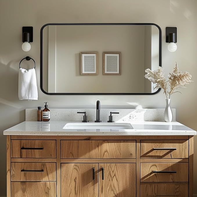ANDY STAR 24x40 Inch Bathroom Vanity Mirror, Black Rounded Rectangle Bathroom Mirror in1 Inch Tube Metal Frame Wall-Mounted Horizontal/Vertical