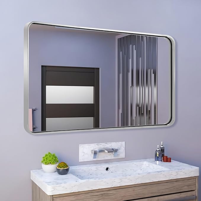ANDY STAR Brushed Nickel Bathroom Mirror, 30x48 Inch Rounded Rectangle Mirror for Bathroom Vanity in 1'' SUS304-Anti-Rust Metal Tube Frame Wall Mounted Horizontal/Vertical