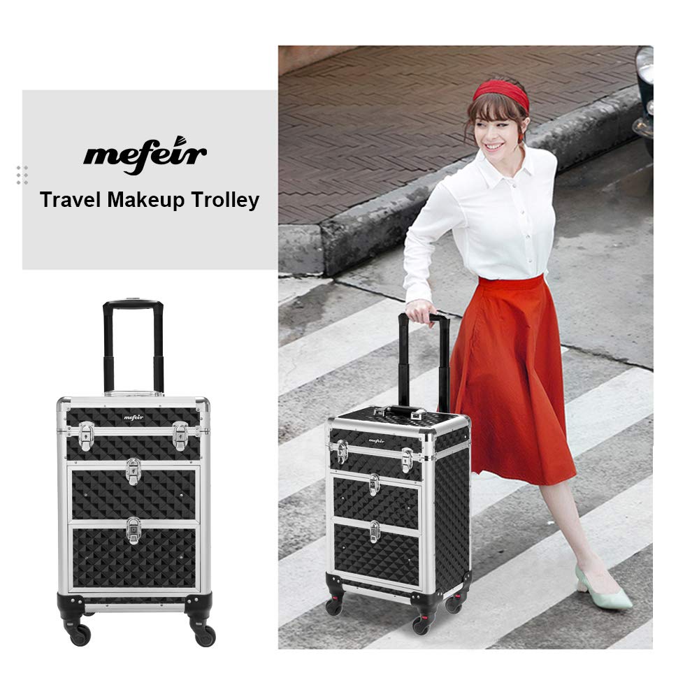 mefeir Aluminum Rolling Makeup Train Case, Portable Makeup Organizer Suitcase, Cosmetic Storage Box, Travel Beauty Luggage Trolley Lockable w/4 Removable Wheels & 2 Sliding Drawers (Black)