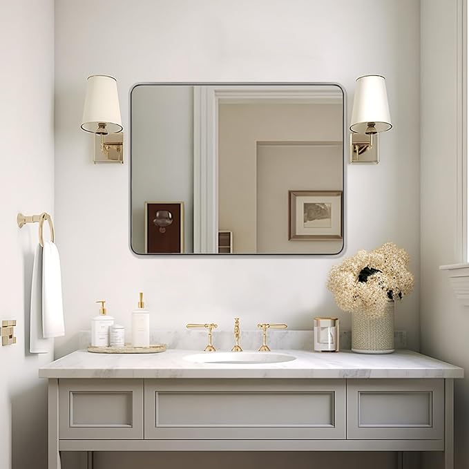 ANDY STAR 40x32 Inch Chrome Mirror for Bathroom, Chrome Bathroom Vanity Mirror, Rounded Rectangle Mirror, Anti-Rust SUS304, Seamless Tube Metal Frame, 1’’ Deep Wall Mounted Vertically/Horizontal