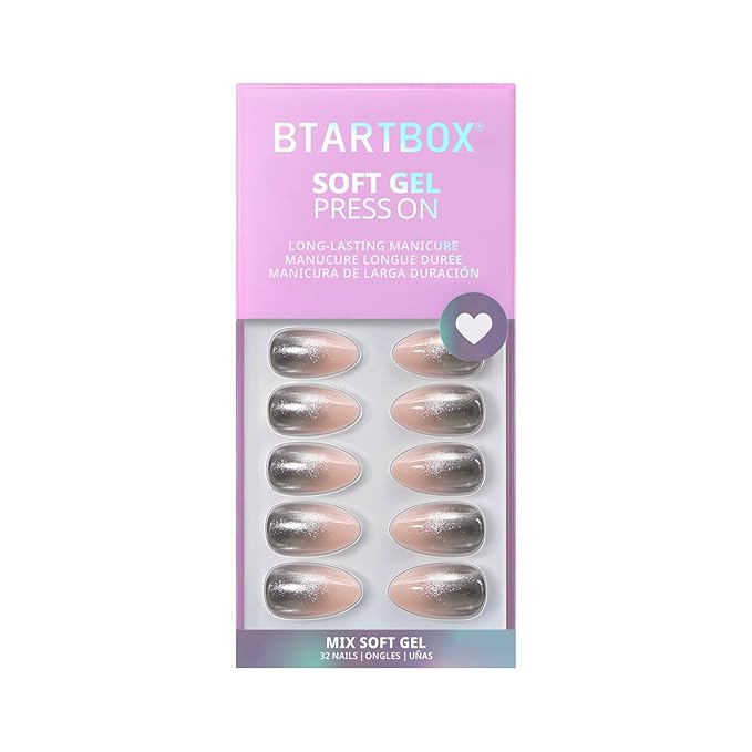 BTArtbox Press On Nails Short - Silver Fizz, Chrome Glitter Almond Press On Nails with Glue and Adhesive Tabs for Women in 16 Sizes - 32 Soft Gel Glue On Nails Kit