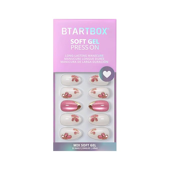 BTArtbox Press On Nails Almond - Confetti Petals, Flower Short Press On Nails with Glue and Adhesive Tabs for Women in 16 Sizes - 32 Soft Gel Glue On Nails Kit