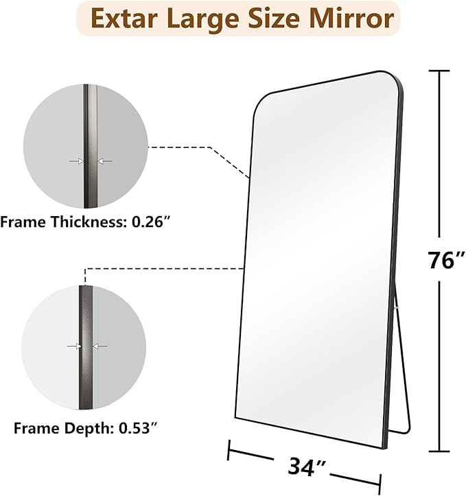 Koonmi Full Length Mirror, 76"x34" Mirror Full Length with Stand, Black Domed Top Square-Edged Floor Mirror with Aluminum Alloy Frame for Bedroom Living Room