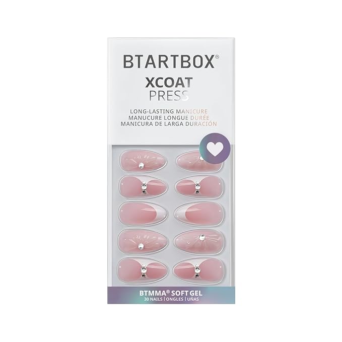 BTArtbox French Tip Press On Nails - Lamp-Curable 3D Medium Almond Press On Nails with Glue for Women, Semi-Transparent Soft Gel Glue On Nails in 15 Sizes - 30 Stick On Nails Kit, Prom Queen