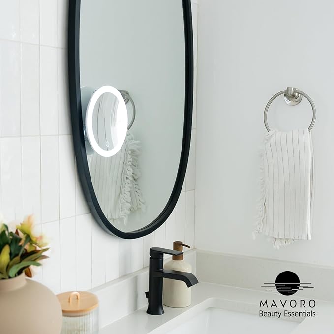 Mavoro 6.8" LED Magnifying Mirror with 3 Strong Suction Cups | 5X Magnification | Portable Lighted Travel Makeup & Cosmetic Mirror with Light (USB-C Rechargeable Built-in Battery | 5X)