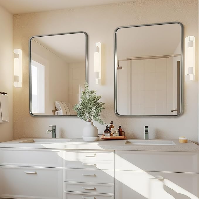 ANDY STAR 40x32 Inch Brushed Nickel Bathroom Mirror, Rounded Rectangle Bathroom Vanity Mirrors for Wall, Anti-Rust SUS304, Seamless Tube Metal Frame, 1’’ Deep Wall Mounted Vertically/Horizontal
