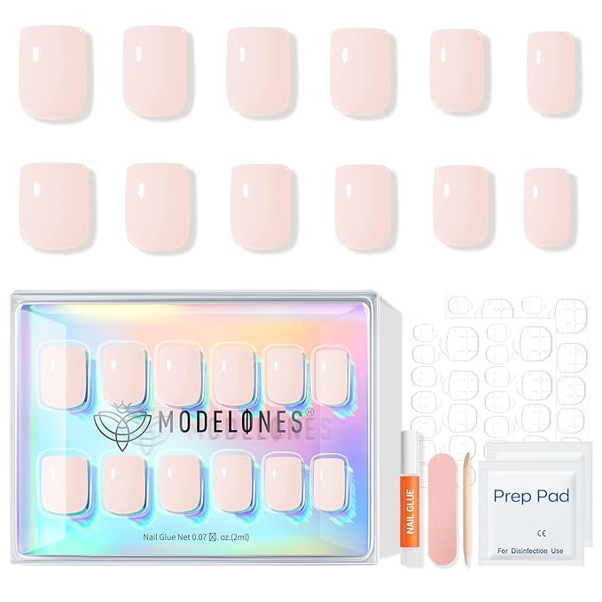 Modelones Whisper Pink Press on Nails, Short Square Fake Nails, Reusable Nail Kit with Nail Glue Adhesive Tabs Mini Nail File, Nails Press Ons 32Pcs16 Sizes