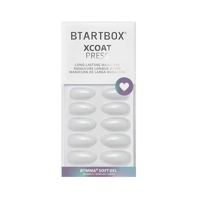 BTArtbox Press On Nails Almond - Lamp-Curable Glitter White Medium Press On Nails with Glue for Women, Semi-Transparent Soft Gel Glue On Nails in 15 Sizes - 30 Stick On Nails Kit, Disco Ball