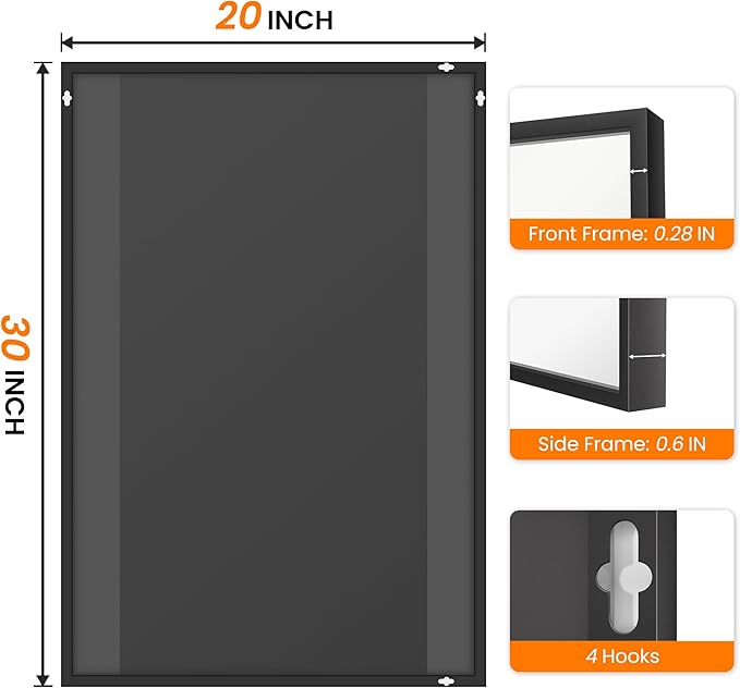 Bathroom Vanity Mirror for Wall, 20" x 30" Metal Framed Rectangular Bathroom Wall Mirror for Over Sink, HD Shatterproof Glass, Hangs Horizontally or Vertically(Black)