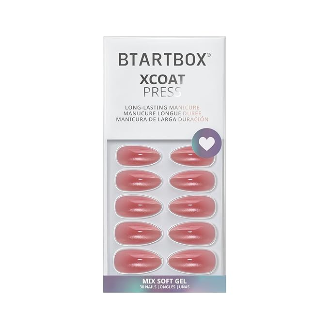 BTArtbox Press On Nails Almond - Pink Hypnotic, Lamp-Curable Cat Eye Ombre Medium Press On Nails with Glue and Adhesive Tabs for Women in 15 Sizes - 30 Soft Gel Glue On Nails Kit
