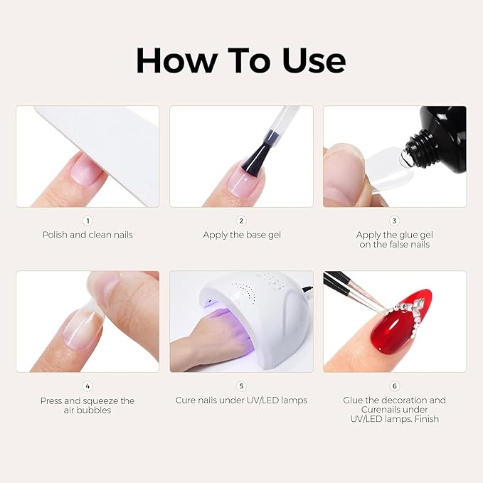 TOMICCA 4 In 1 Gel Nail Glue 30g UV Nail Glue for Press ons Semi Solid Nail Gel Glue Strong Nail Glue on Nails Tips for Fake Acrylic Nails Extension - UV Light Required