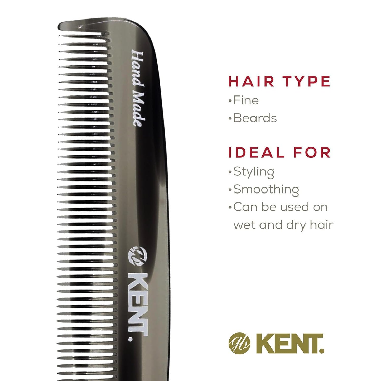 Kent 7T G All Fine Tooth Pocket Comb - Handmade Grooming Comb for Styling, Travel, Mustache and Beard Care - Saw Cut and Hand Polished