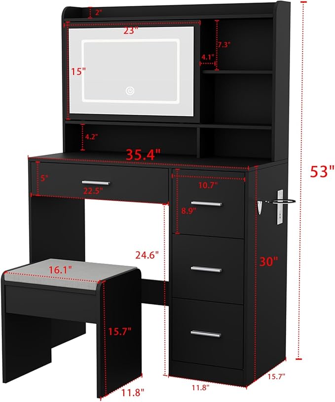 Vanity Desk with a Mirror and Lights,with Chair and Four Drawers, Three Adjustable Lighting Modes,with Power Outlet and Sliding LED Mirror,Bedroom Vanity Desk (Black)
