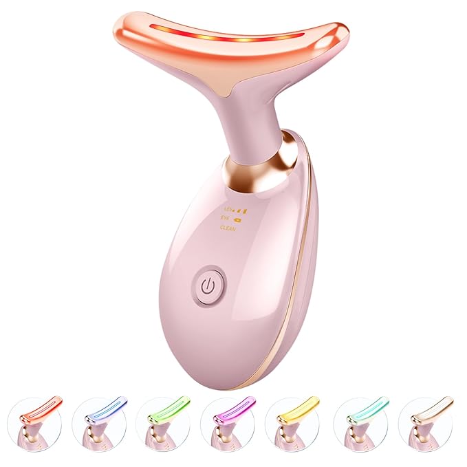 Red Light Therapy for Face and Neck, 7 Color Light Based Face Massager Tool, Portable Skin Care Tool for Firming, Tightening and Lifting (Glossy Pink)