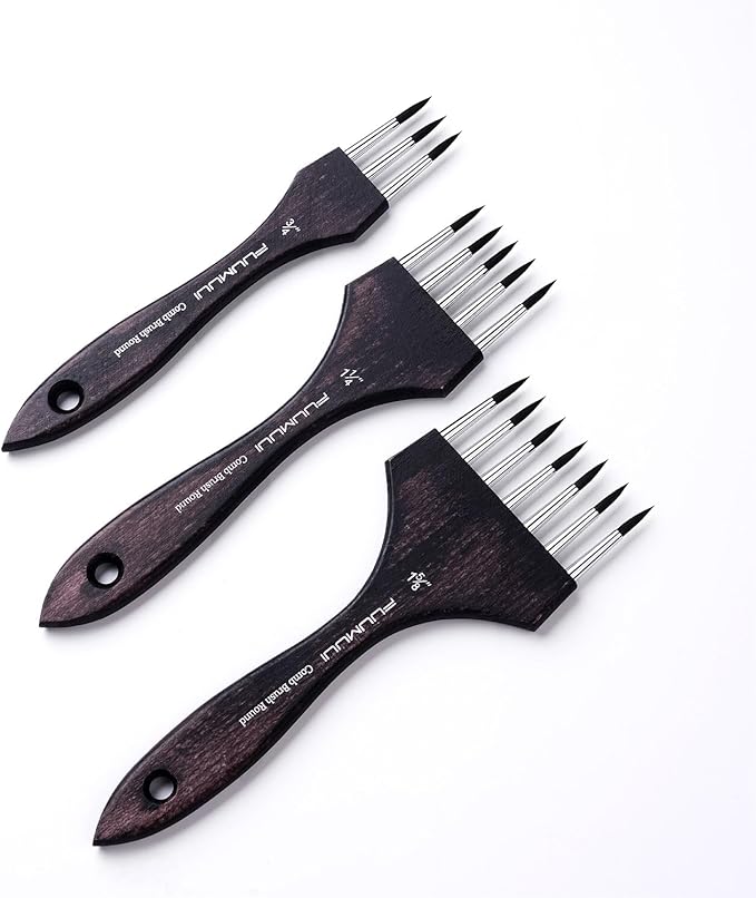 Multi-Head Round Comb Brush Set - Fuumuui 3Pcs Professional Synthetic Brushes, Designed for Textures and Special Effects for Acrylic Painting, Oil & Watercolor - Texture Brushes, Short Handle
