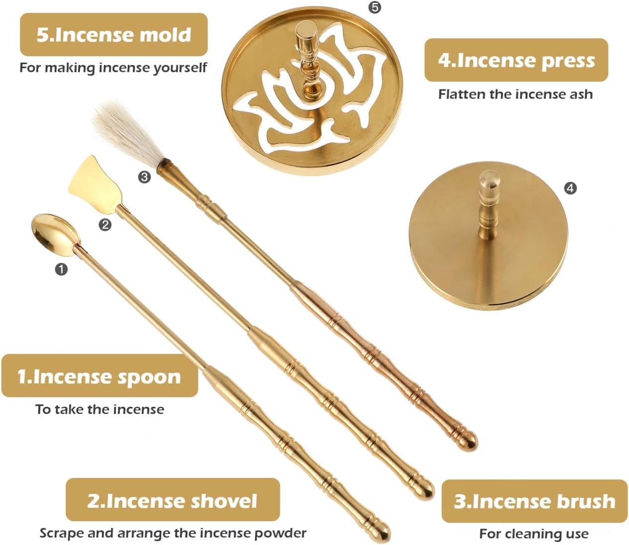 DOITOOL 5 Pcs Incense Making Kit Chinese Incense Burner Mold Premium Accessories for Aromatherapy Yoga Meditation Relaxation-Golden