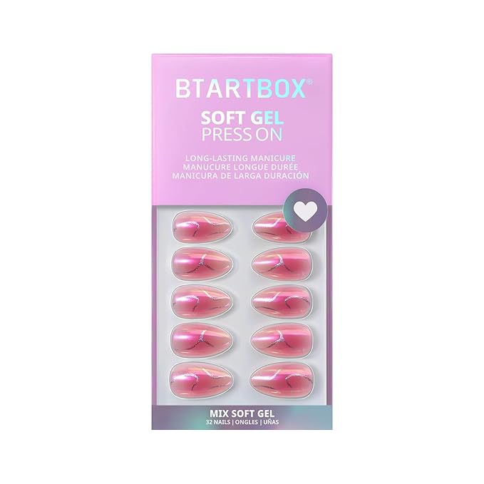BTArtbox Press On Nails Almond - Neon Gradient, Pink Chrome Short Press On Nails with Glue and Adhesive Tabs for Women in 16 Sizes - 32 Soft Gel Glue On Nails Kit