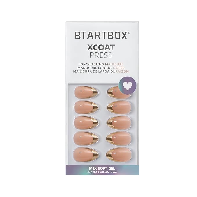 BTArtbox Press On Nails Short - Gilded Countdown, Lamp-Curable Gold French Tip Almond Press On Nails with Glue and Adhesive Tabs for Women in 16 Sizes - 32 Soft Gel Glue On Nails Kit