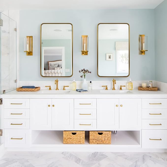 ANDY STAR 24x40 Inch Gold Bathroom Mirror, Rounded Rectangle Mirror, Brushed Brass Bathroom Vanity Mirror Oblong Tube Metal Framed, SUS304-Anti-Rust, Wall-Mounted Horizontal/Vertical 1’’ Deep