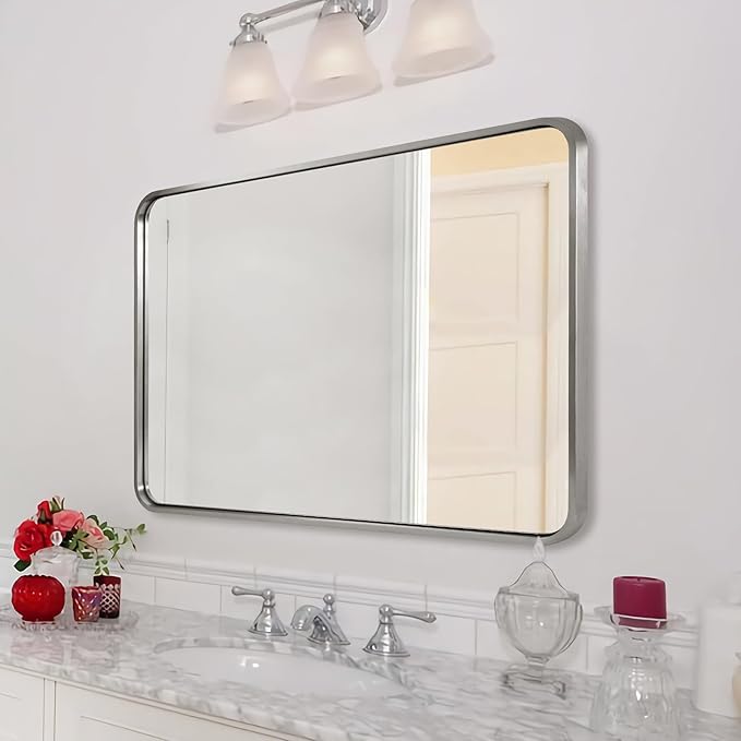 ANDY STAR Brushed Nickel Bathroom Mirror, 40”X30” Satin Nickel Mirror for Vanity, Rounded Rectangle Mirrors in SUS304 Anti-Rust Tube Metal Frame, Wall Mounted Horizontal/Vertical 1’’ Deep