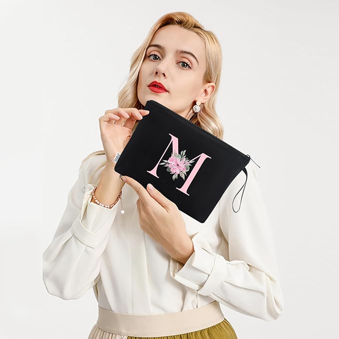 Vavabox A-Z Personalized Makeup Bag, Birthday Gifts for Women Mom, Gifts for Best Friend, Bride Bridesmaid Cosmetic bag (M, Black)