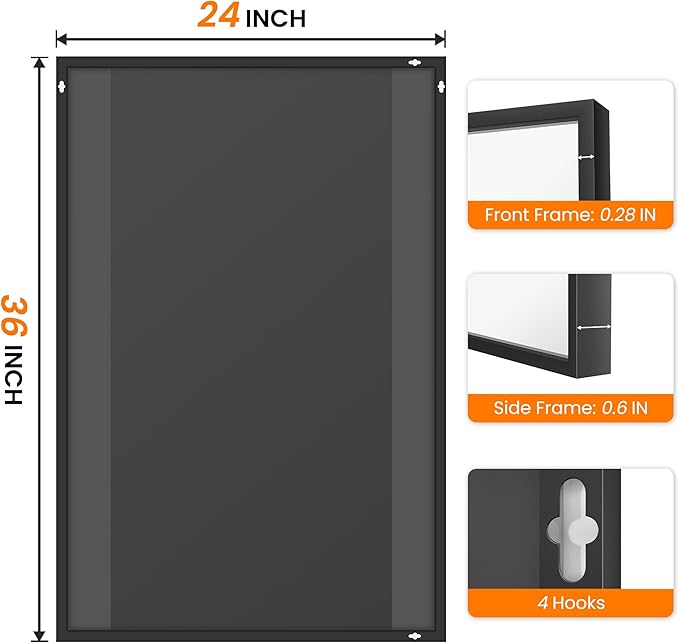 Bathroom Vanity Mirror for Wall, 36" x 24" Metal Framed Rectangular Bathroom Wall Mirror for Over Sink, HD Shatterproof Glass, Hangs Horizontally or Vertically(Black)