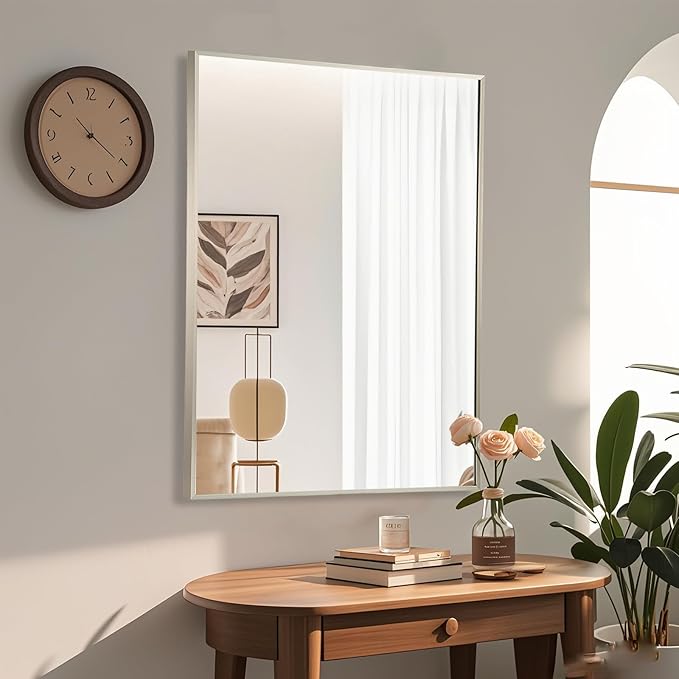 Brushed Nickel Rectangle Mirror, 22x30 Inch Framed Vanity Mirror, Square Corner Mirror for Over Sink, Vanity, Bedroom, Horizontal/Vertical