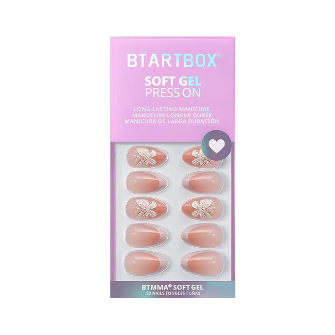 BTArtbox Press On Nails Short - 3D Butterfly French Tip Almond Press On Nails with Glue for Women, Opaque Soft Gel Glue On Nails in 16 Sizes - 32 Stick On Nails Kit, Last Dance