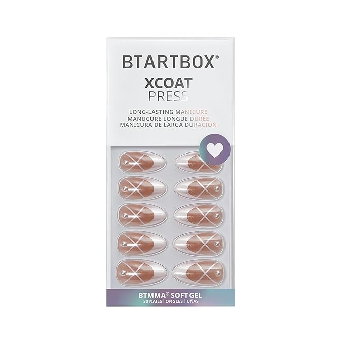 BTArtbox French Tip Press On Nails - Lamp-Curable Pearl Accents Chrome Almond Press On Nails with Glue for Women, Soft Gel Glue On Nails in 15 Sizes - 30 Stick On Nails Kit, Heel Click