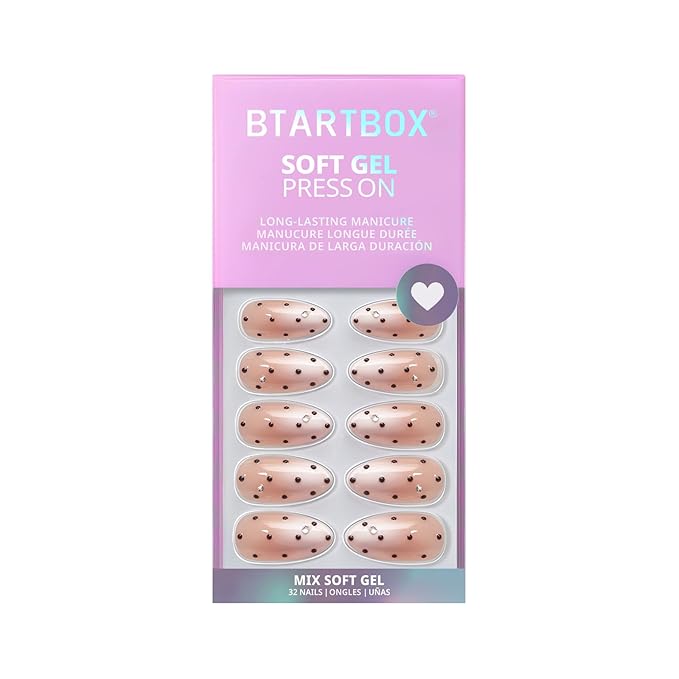 BTArtbox Press On Nails Almond - Gala Polka, 3D Polka Dot Ombre Medium Press On Nails with Glue and Adhesive Tabs for Women in 16 Sizes - 32 Soft Gel Glue On Nails Kit