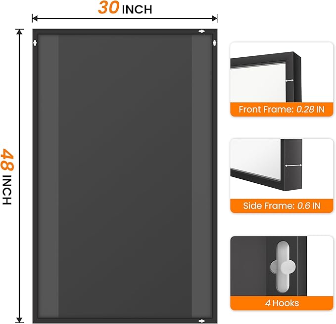 Bathroom Vanity Mirror for Wall, 48" x 30" Metal Framed Rectangular Bathroom Wall Mirror for Over Sink, HD Shatterproof Glass, Hangs Horizontally or Vertically(Black)