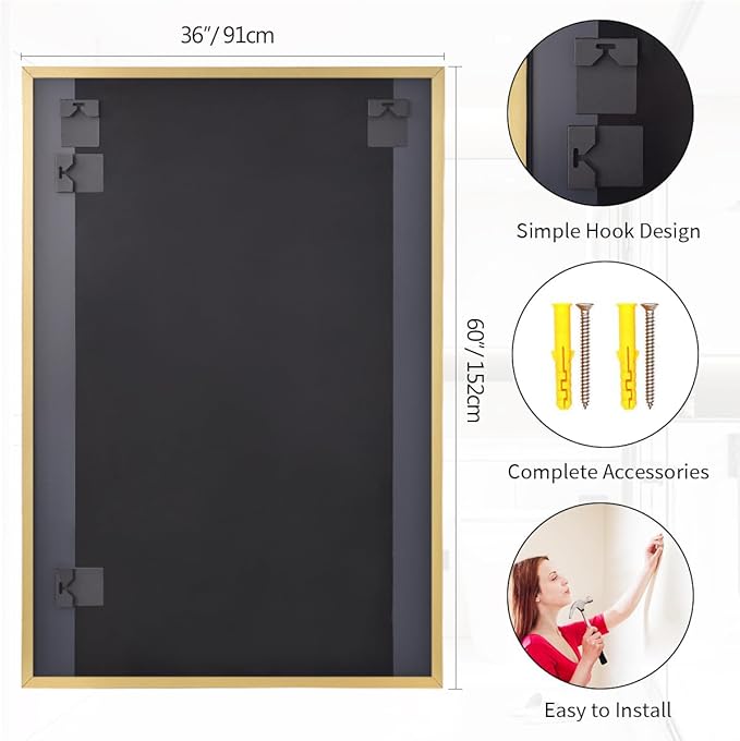 Koonmi Gold Mirrors for Wall, 36x60 Inch Bathroom Mirror, Rectangular Wall Mirror for Living Room Bedroom Bathroom, Hangs Horizontally or Vertically